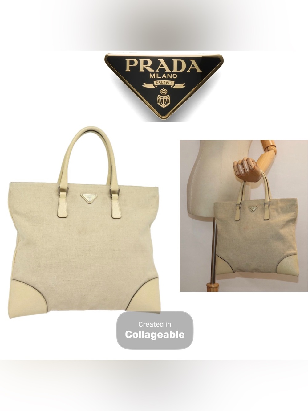 👜 Prada Beige Canvas Tote Leather Trim Authentic Luxury Zip Bag